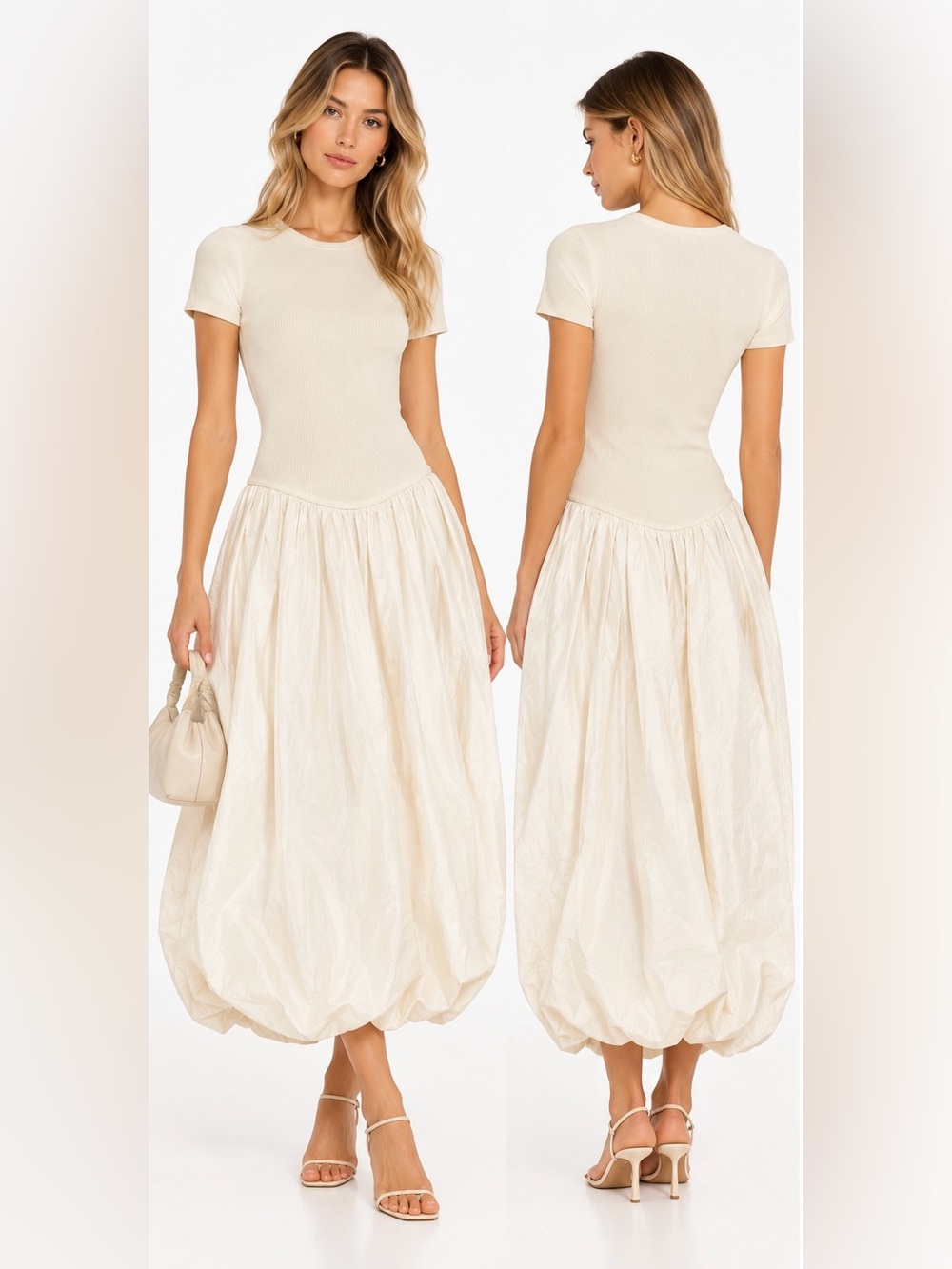 Zara Cream Ribbed Knit Poplin Bubble Hem Midi Maxi Dress Drop Waist  S
